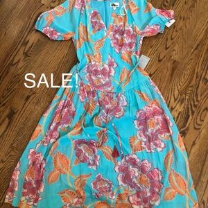 Floral Midi Dress in Blue & Fushia by The Good Journey Sz Small